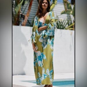 Anthropologie Kimono Green Floral Oversized Topper Swim Coverup size S/XS